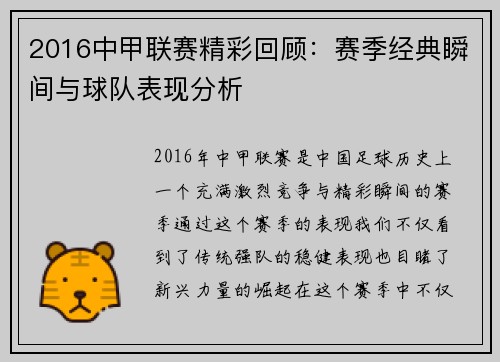 2016中甲联赛精彩回顾：赛季经典瞬间与球队表现分析
