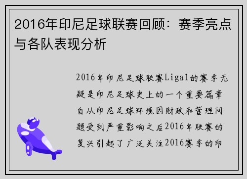 2016年印尼足球联赛回顾：赛季亮点与各队表现分析