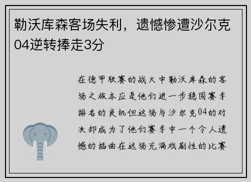 勒沃库森客场失利，遗憾惨遭沙尔克04逆转捧走3分