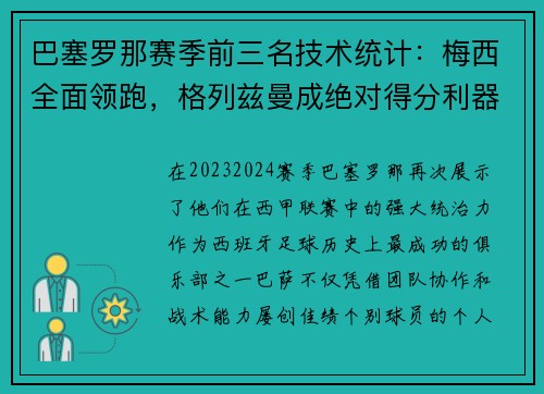 巴塞罗那赛季前三名技术统计:梅西全面领跑,格列兹曼成绝对得分利器